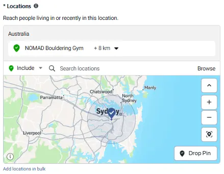 Map showing ads geo-targeted to NOMAD Bouldering gym's local catchment