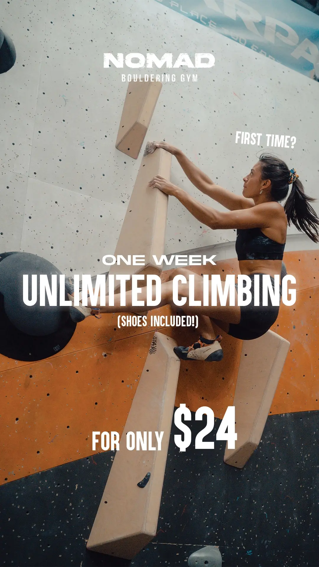 NOMAD Bouldering performance ad with a one-week promo offer
